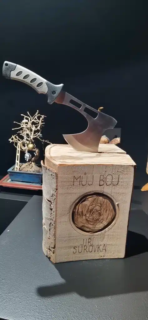Sculptural artwork titled "Můj boj" by Czech artist Jiří Surůvka, featuring a hatchet embedded in a carved wooden book.