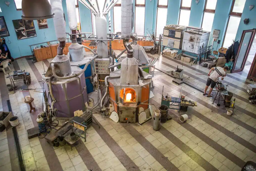 Overhead view of Novotný Glass workshop during an open day event.