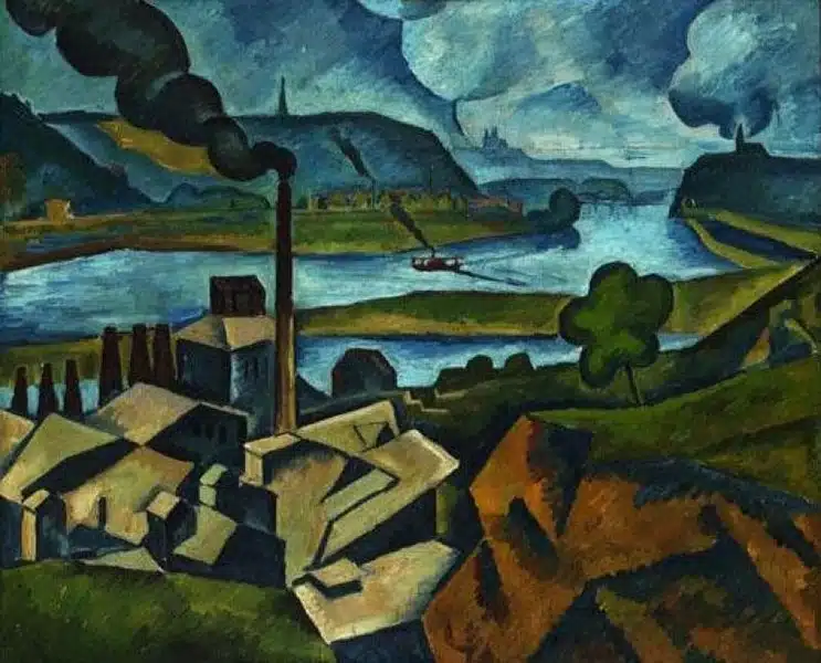 Painting “The Cement Factory in Braník” by Czech cubist painter Bohumil Kubišta, displayed at the Flowing Through Czech Culture – The Vltava Exhibition in Prague, featured on SOLARIS Language School blog about Czech art and learning Czech online.